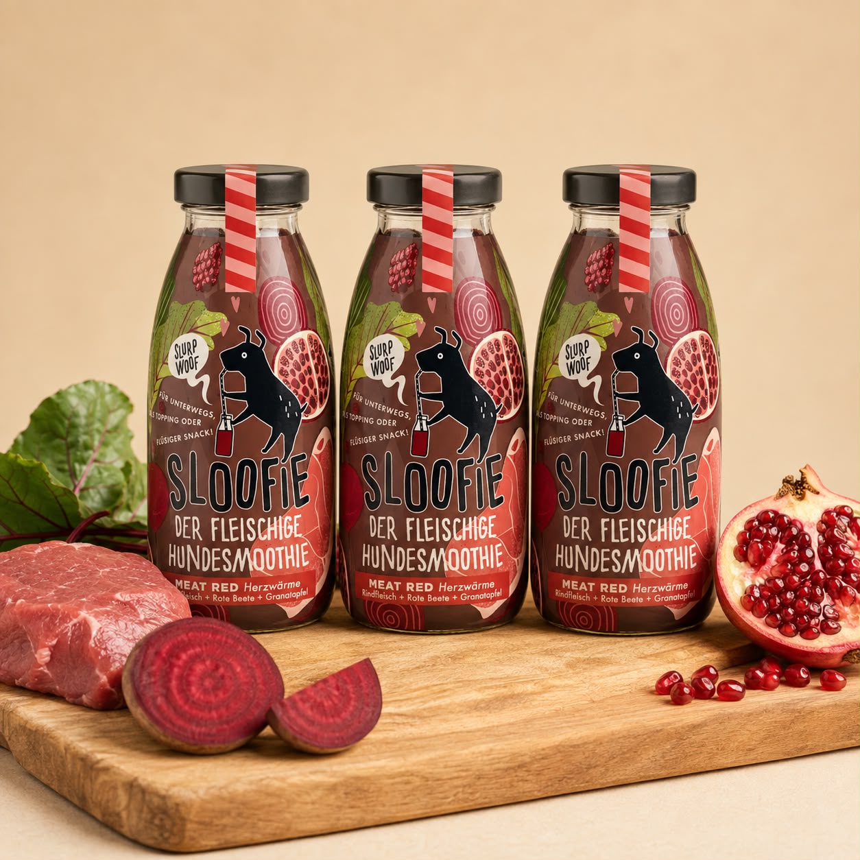 Sloofie Meat Red – Smoothie au bœuf et aux fruits rouges pour chien 250 ml (Lot de 3)